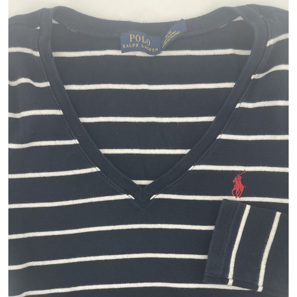 Polo Ralph Lauren Top Women Med Navy Blue Striped V-Neck Long Sleeve Coastal